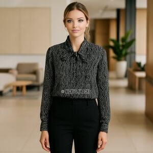 Jones New York Black White Dot Print Chiffon Tie Neck Blouse Office Top Size XS